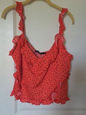 ICON Coral Red Polka Dot Ruffle Camisole